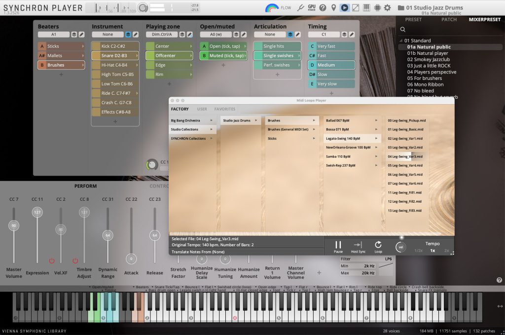 VSL Studio Jazz Drums interface utilisateur paramètres de jeu