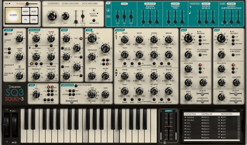 Acustica Audio Squid3 - interface utilisateur Standard / onglet principal