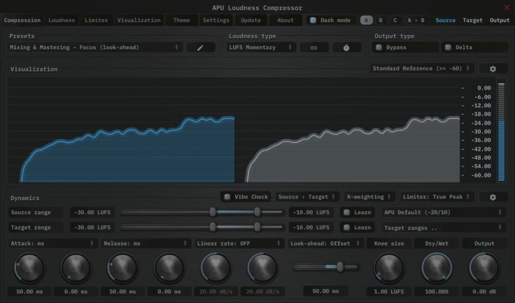 APU Software V5.0 - Loudness Compressor - Interface utilisateur GUI