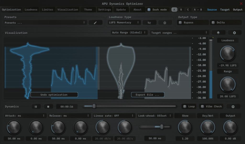 APU Software V5.0 - Dynamic Optimizer - Interface utilisateur GUI